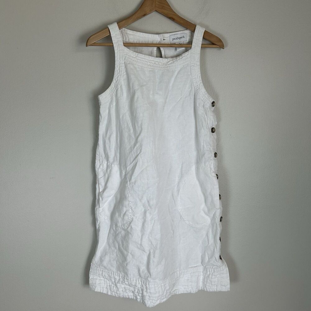 Size M White Linen Dress Mini Shift Coastal Beach Vacation Resort Overall